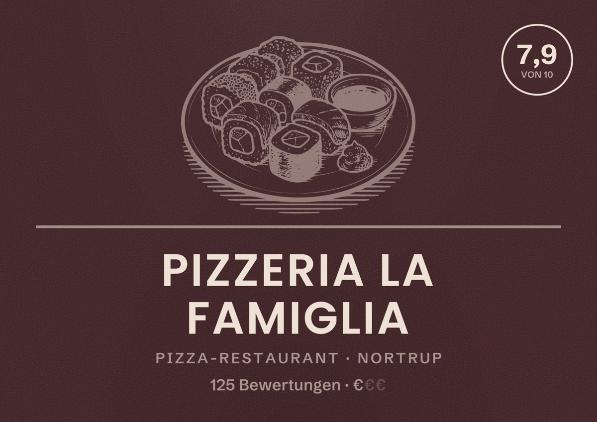 Illustriertes Poster von Pizzeria La Famiglia, Pizza-Restaurant in Nortrup: Bewertung 7,9 von 10 aus 125 Bewertungen, Preisniveau €