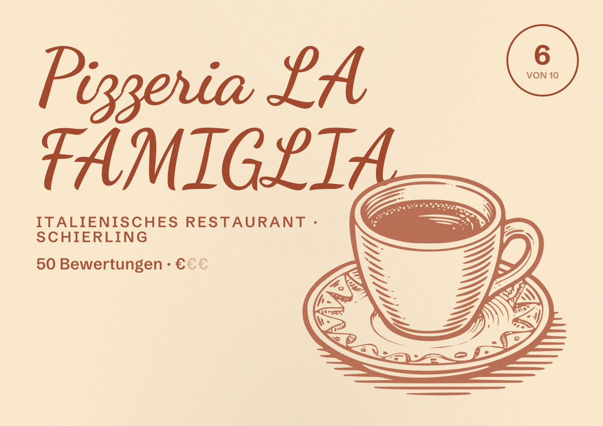 Illustriertes Poster von Pizzeria LA FAMIGLIA, Italienisches Restaurant in Schierling: Bewertung 6 von 10 aus 50 Bewertungen, Preisniveau €