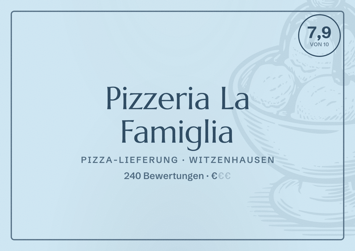 Illustriertes Poster von Pizzeria La Famiglia, Pizza-Lieferung in Witzenhausen: Bewertung 7,9 von 10 aus 240 Bewertungen, Preisniveau €