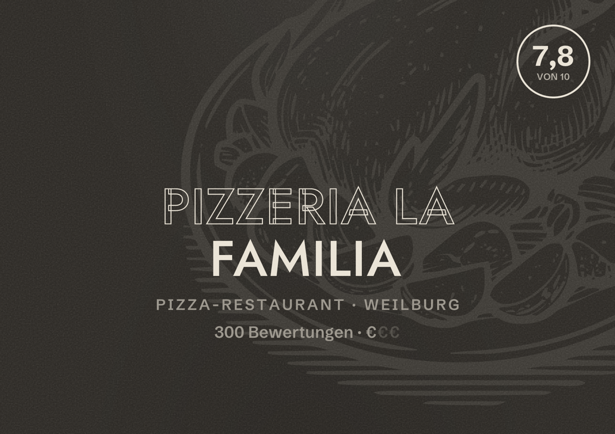 Illustriertes Poster von Pizzeria La Familia, Pizza-Restaurant in Weilburg: Bewertung 7,8 von 10 aus 300 Bewertungen, Preisniveau €