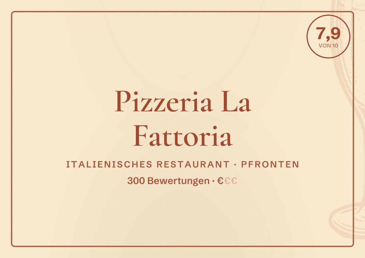Illustriertes Poster von Pizzeria La Fattoria, Italienisches Restaurant in Pfronten: Bewertung 7,9 von 10 aus 300 Bewertungen, Preisniveau €