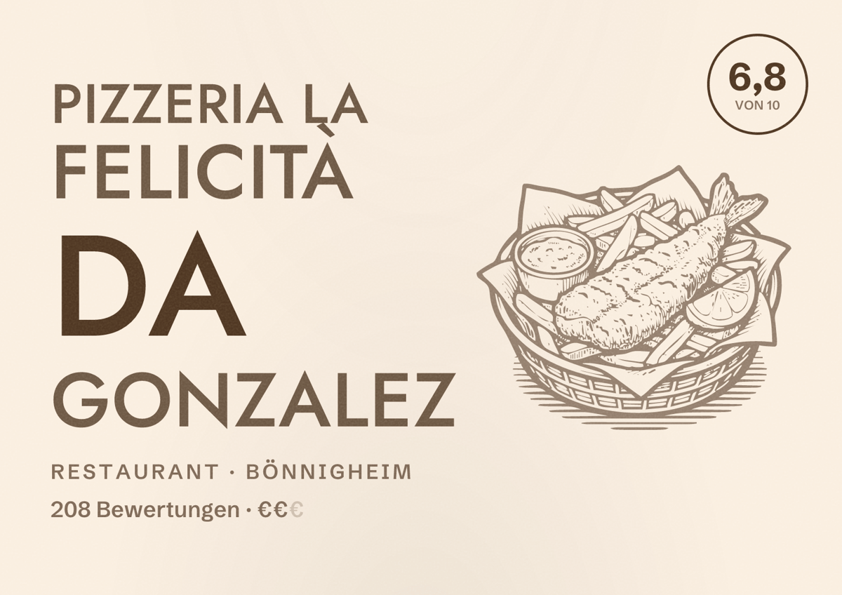 Illustriertes Poster von Pizzeria La Felicità Da Gonzalez, Restaurant in Bönnigheim: Bewertung 6,8 von 10 aus 208 Bewertungen, Preisniveau €€