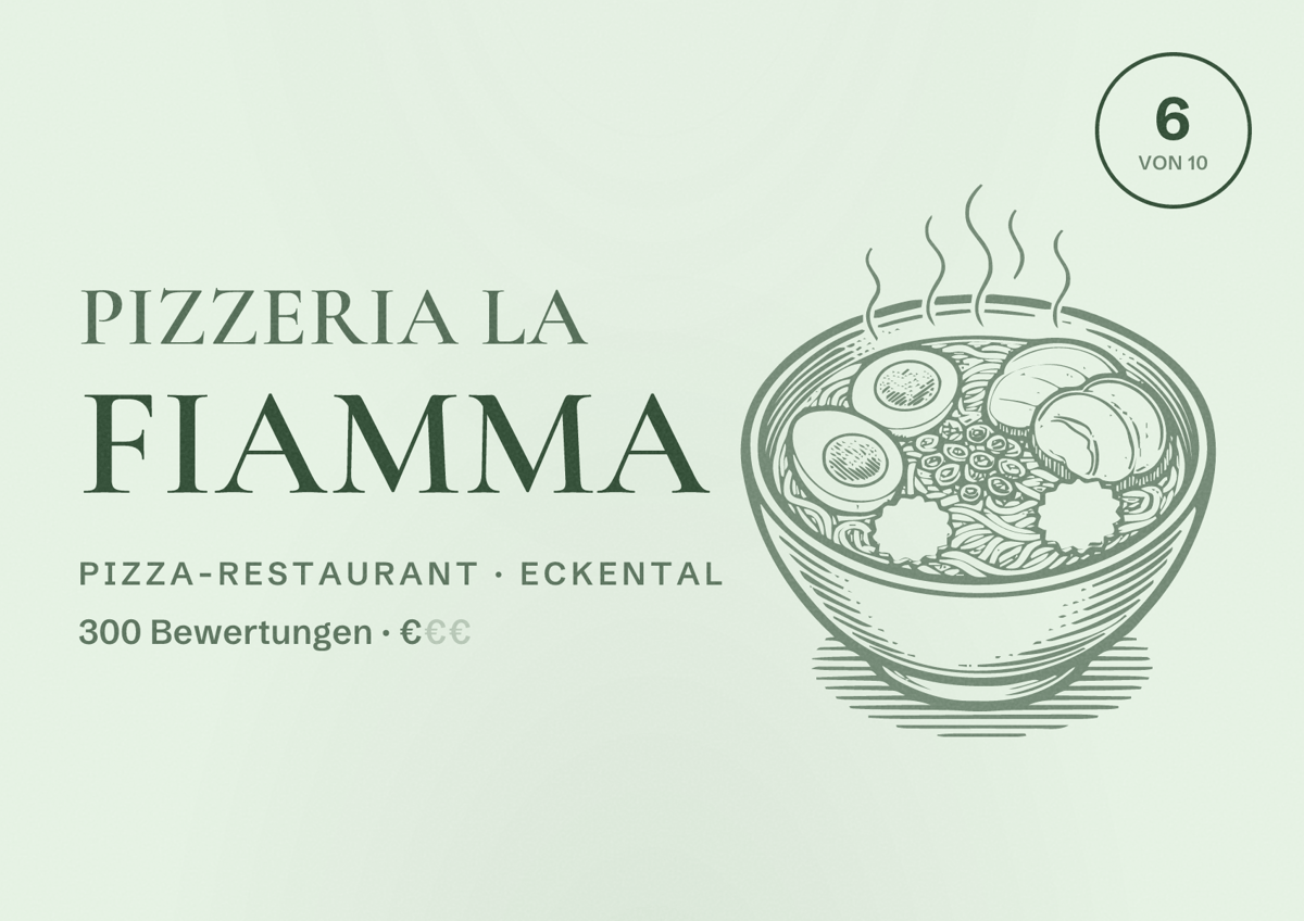 Illustriertes Poster von Pizzeria La Fiamma, Pizza-Restaurant in Eckental: Bewertung 6 von 10 aus 300 Bewertungen, Preisniveau €