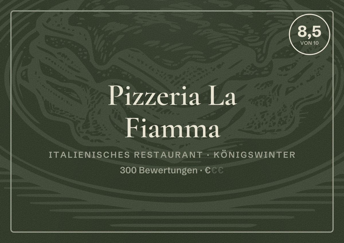 Illustriertes Poster von Pizzeria La Fiamma, Italienisches Restaurant in Königswinter: Bewertung 8,5 von 10 aus 300 Bewertungen, Preisniveau €