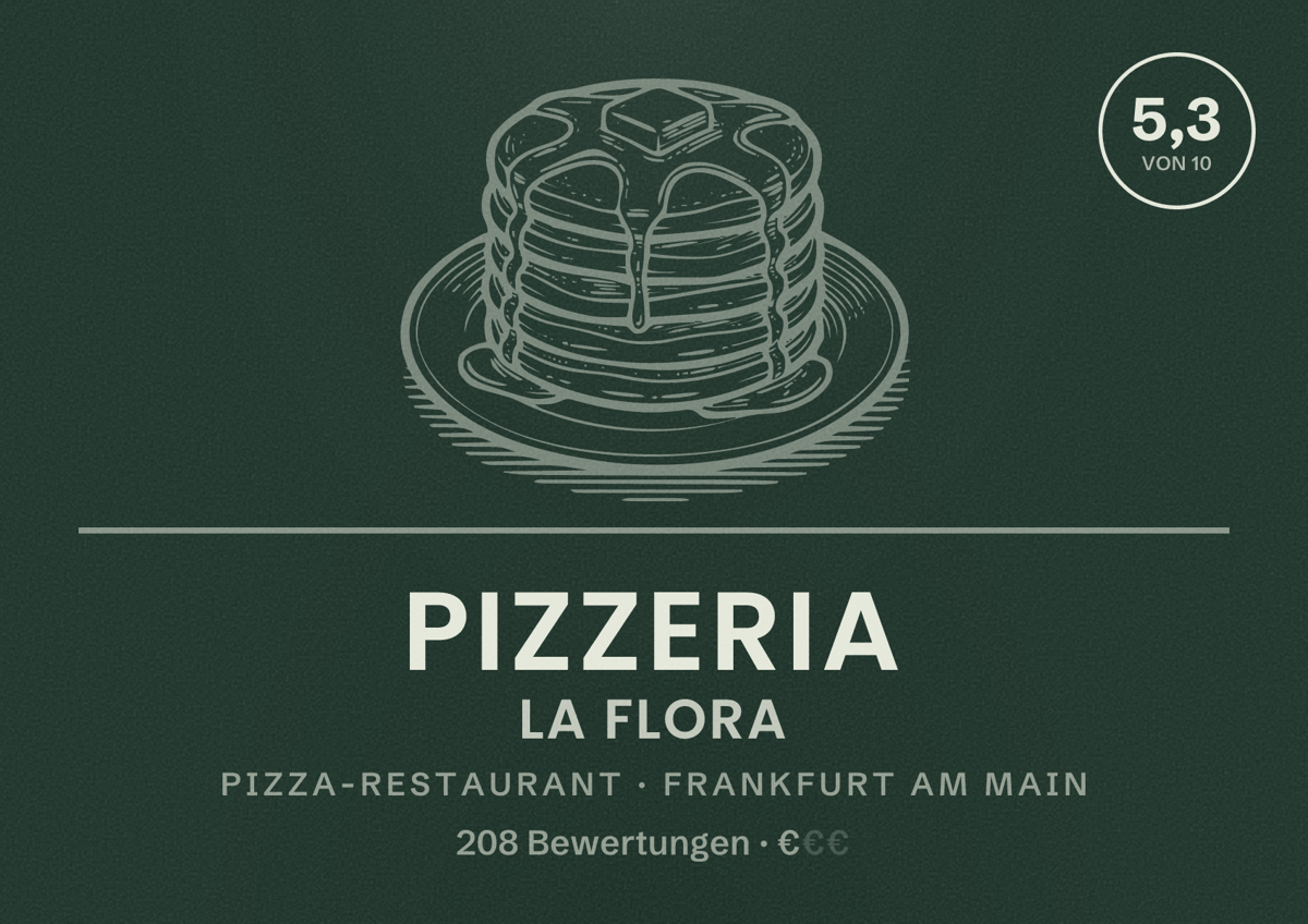 Illustriertes Poster von Pizzeria La Flora, Pizza-Restaurant in Frankfurt am Main: Bewertung 5,3 von 10 aus 208 Bewertungen, Preisniveau €