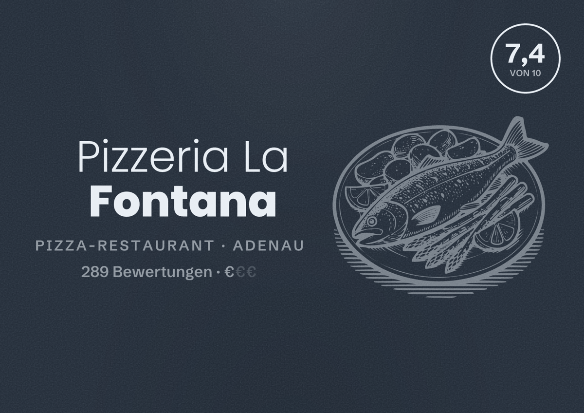 Illustriertes Poster von Pizzeria La Fontana, Pizza-Restaurant in Adenau: Bewertung 7,4 von 10 aus 289 Bewertungen, Preisniveau €