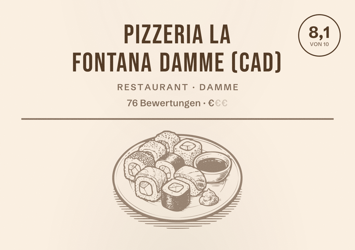 Illustriertes Poster von Pizzeria La Fontana Damme (CAD), Restaurant in Damme: Bewertung 8,1 von 10 aus 76 Bewertungen, Preisniveau €