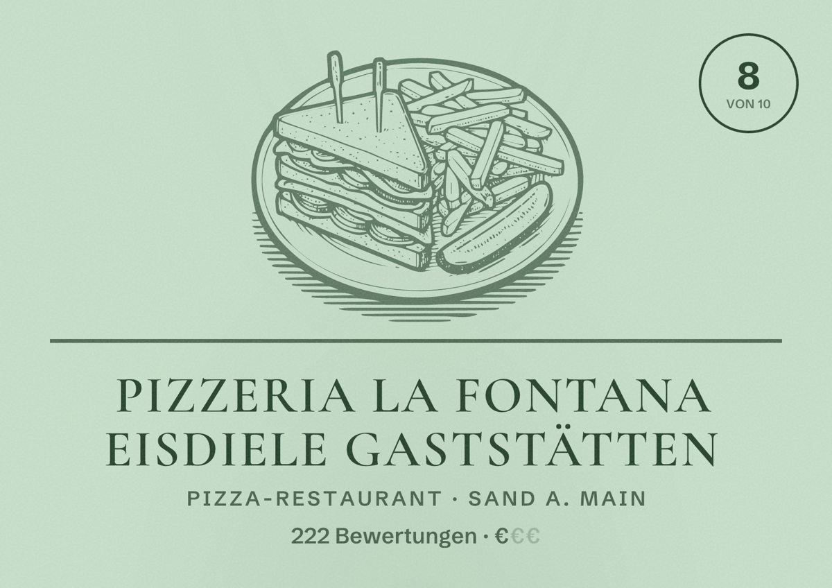 Illustriertes Poster von pizzeria la fontana Eisdiele Gaststätten, Pizza-Restaurant in Sand a. Main: Bewertung 8 von 10 aus 222 Bewertungen, Preisniveau €