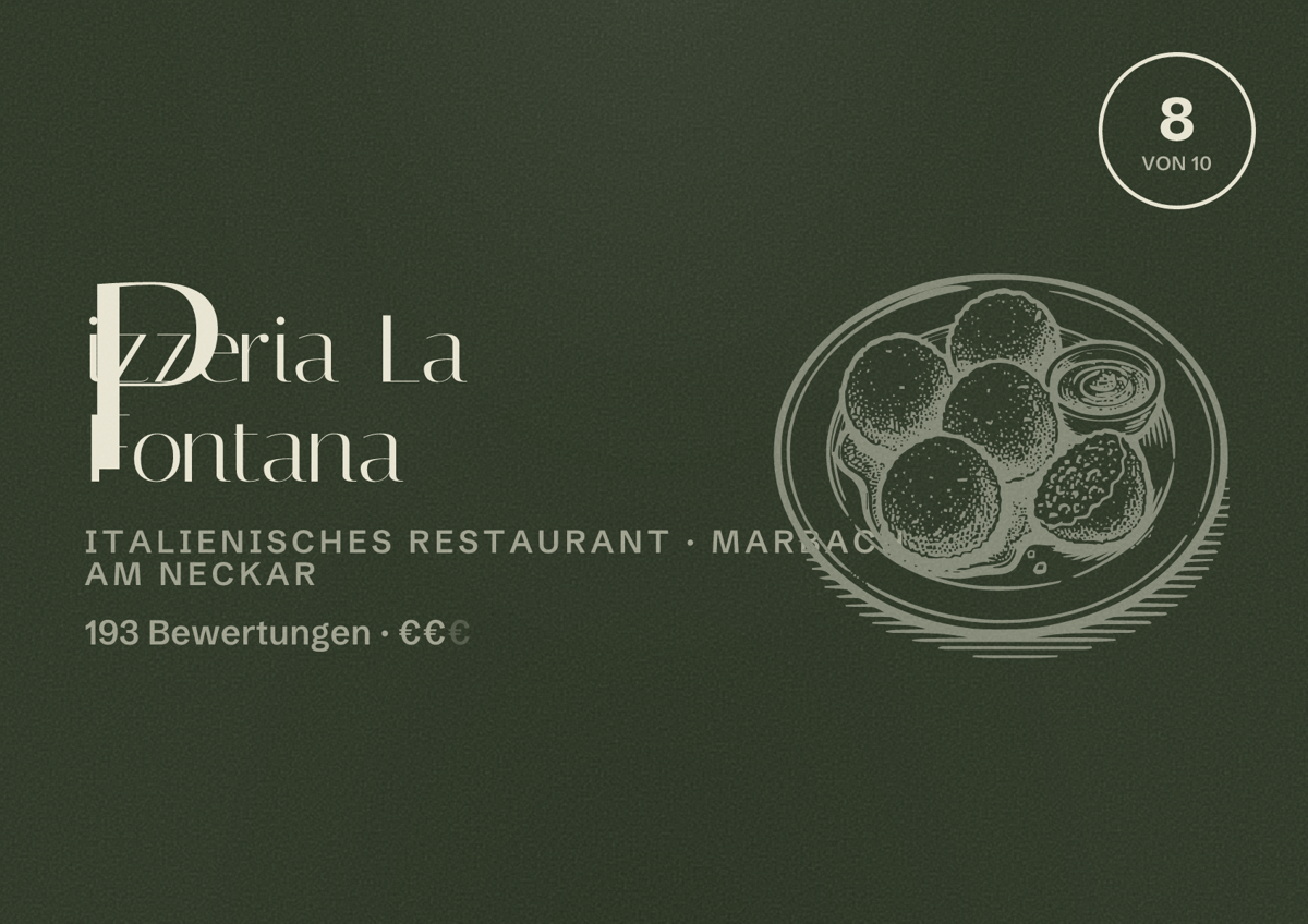 Illustriertes Poster von Pizzeria La Fontana, Italienisches Restaurant in Marbach am Neckar: Bewertung 8 von 10 aus 193 Bewertungen, Preisniveau €€