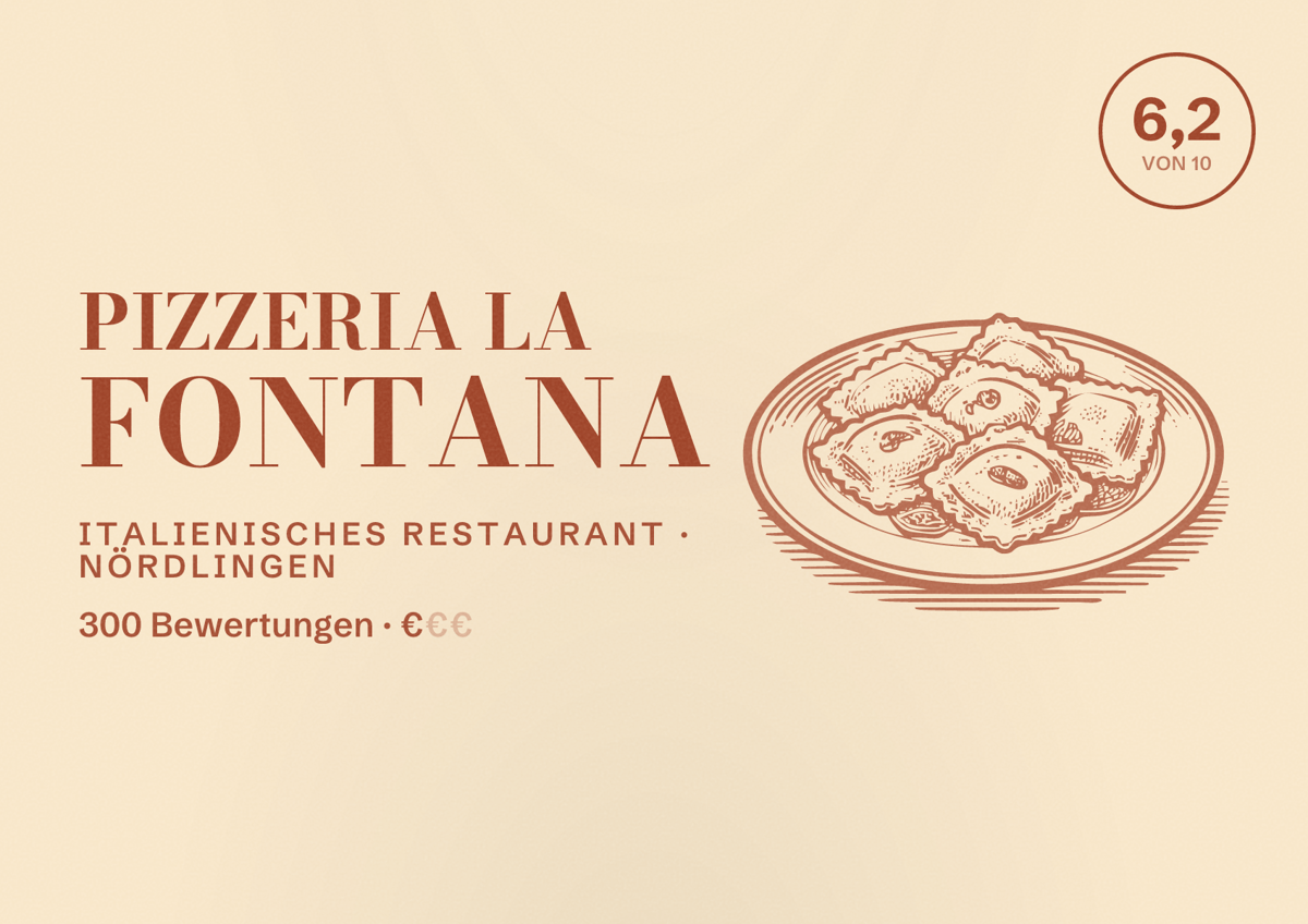Illustriertes Poster von Pizzeria La Fontana, Italienisches Restaurant in Nördlingen: Bewertung 6,2 von 10 aus 300 Bewertungen, Preisniveau €