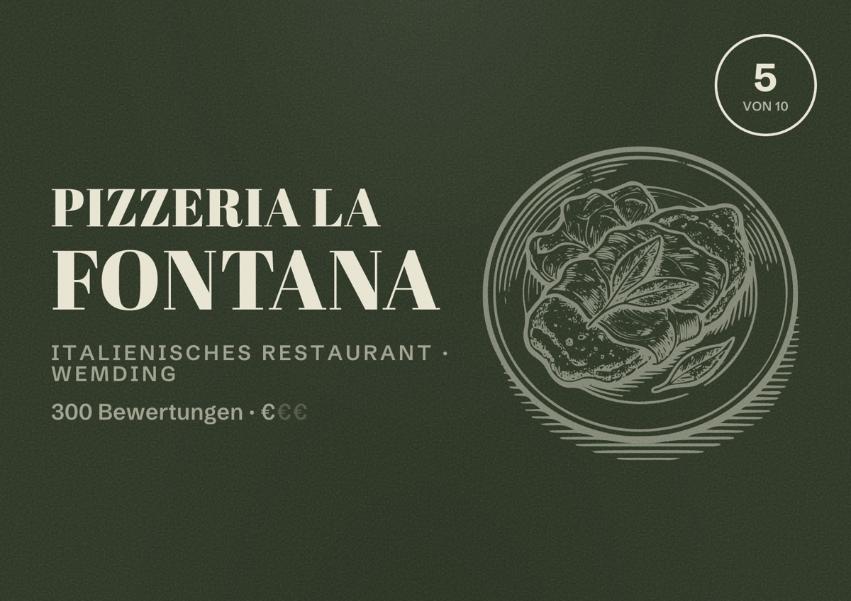 Illustriertes Poster von Pizzeria La Fontana, Italienisches Restaurant in Wemding: Bewertung 5 von 10 aus 300 Bewertungen, Preisniveau €