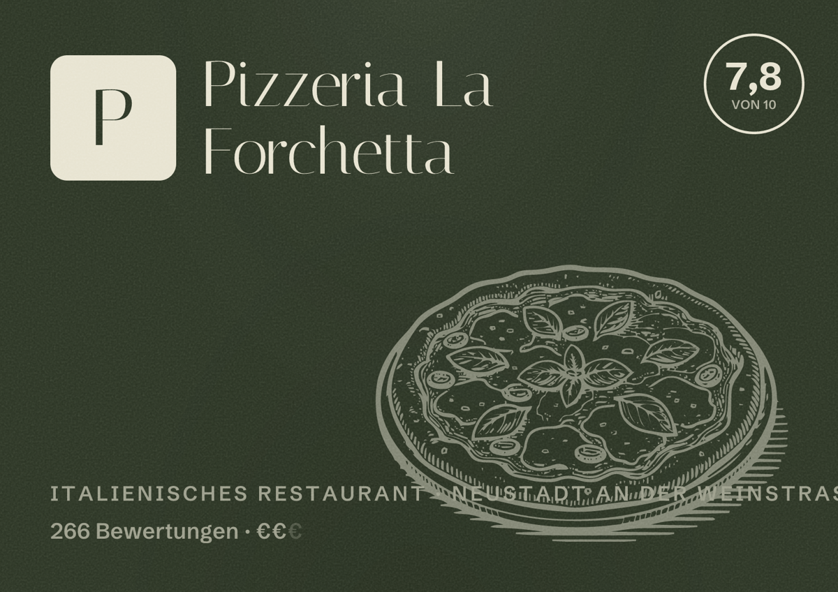 Illustriertes Poster von Pizzeria La Forchetta, Italienisches Restaurant in Neustadt an der Weinstraße: Bewertung 7,8 von 10 aus 266 Bewertungen, Preisniveau €€