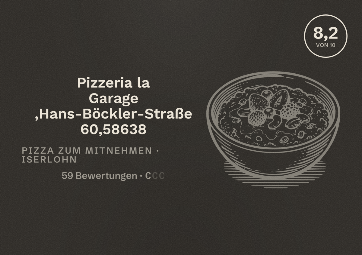 Illustriertes Poster von Pizzeria la Garage ,Hans-Böckler-Straße 60,58638, Pizza zum Mitnehmen in Iserlohn: Bewertung 8,2 von 10 aus 59 Bewertungen, Preisniveau €