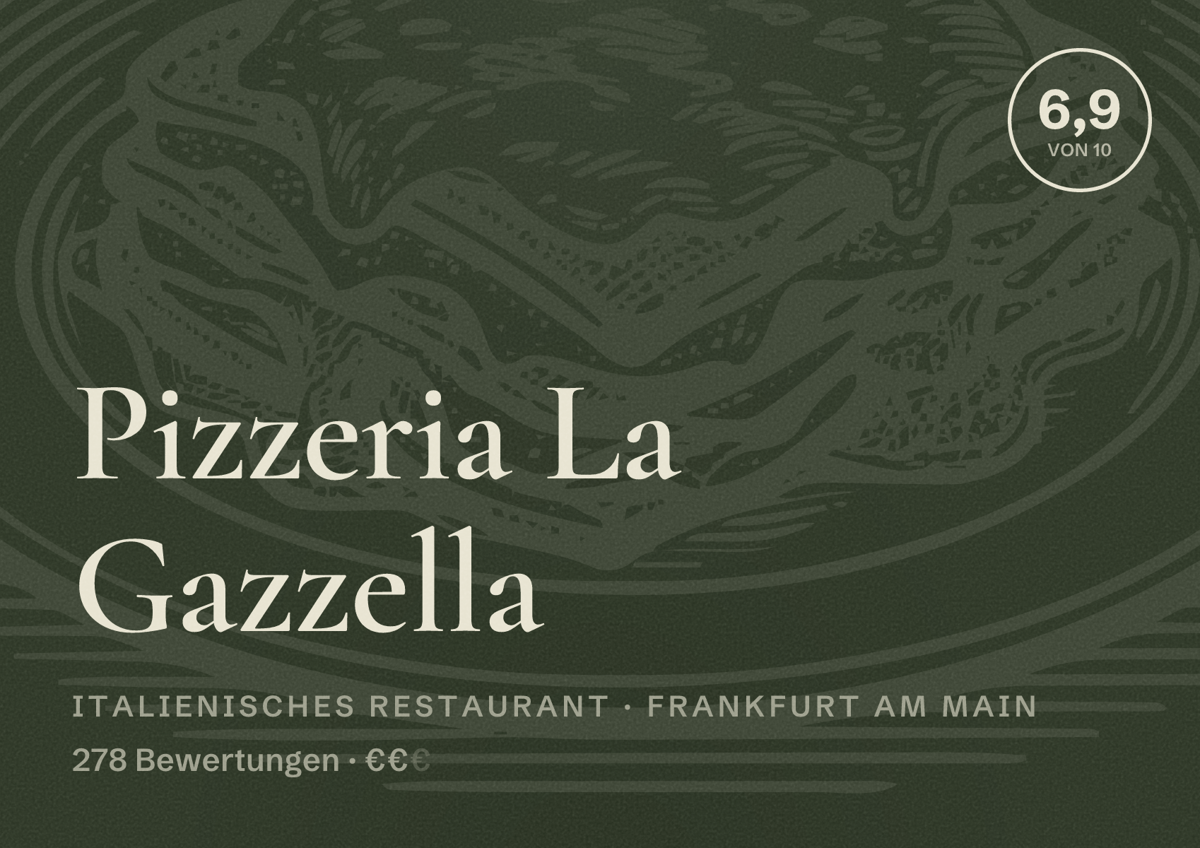 Illustriertes Poster von Pizzeria La Gazzella, Italienisches Restaurant in Frankfurt am Main: Bewertung 6,9 von 10 aus 278 Bewertungen, Preisniveau €€