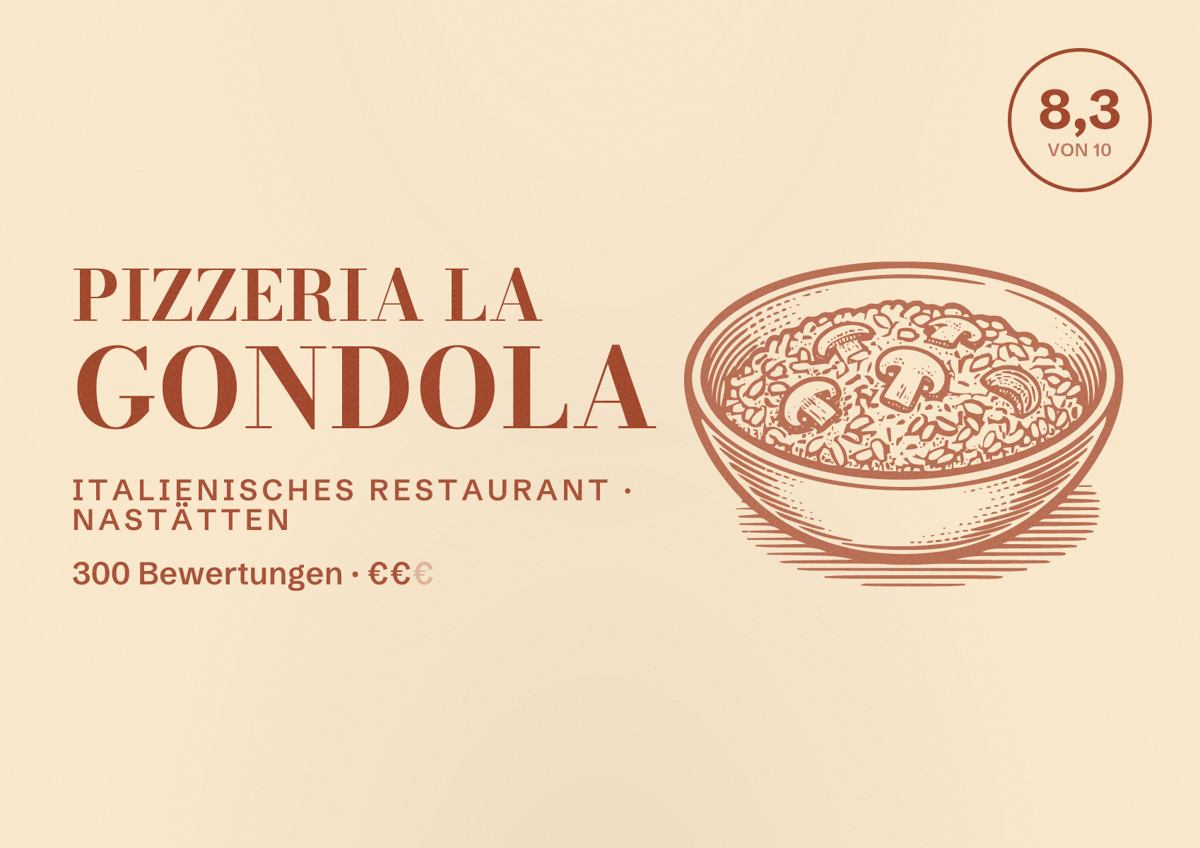 Illustriertes Poster von Pizzeria La Gondola, Italienisches Restaurant in Nastätten: Bewertung 8,3 von 10 aus 300 Bewertungen, Preisniveau €€