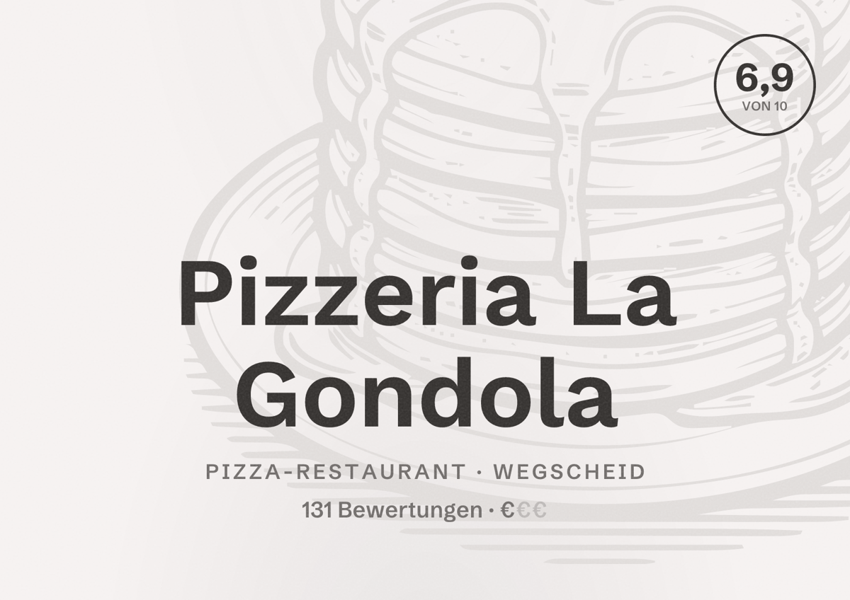 Illustriertes Poster von Pizzeria La Gondola, Pizza-Restaurant in Wegscheid: Bewertung 6,9 von 10 aus 131 Bewertungen, Preisniveau €