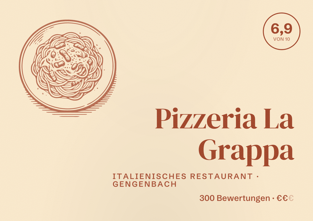 Illustriertes Poster von Pizzeria La Grappa, Italienisches Restaurant in Gengenbach: Bewertung 6,9 von 10 aus 300 Bewertungen, Preisniveau €€