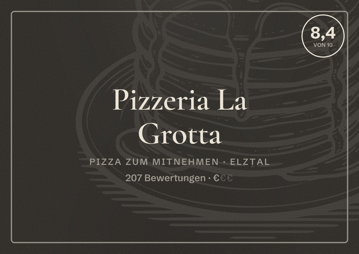 Illustriertes Poster von Pizzeria La Grotta, Pizza zum Mitnehmen in Elztal: Bewertung 8,4 von 10 aus 207 Bewertungen, Preisniveau €