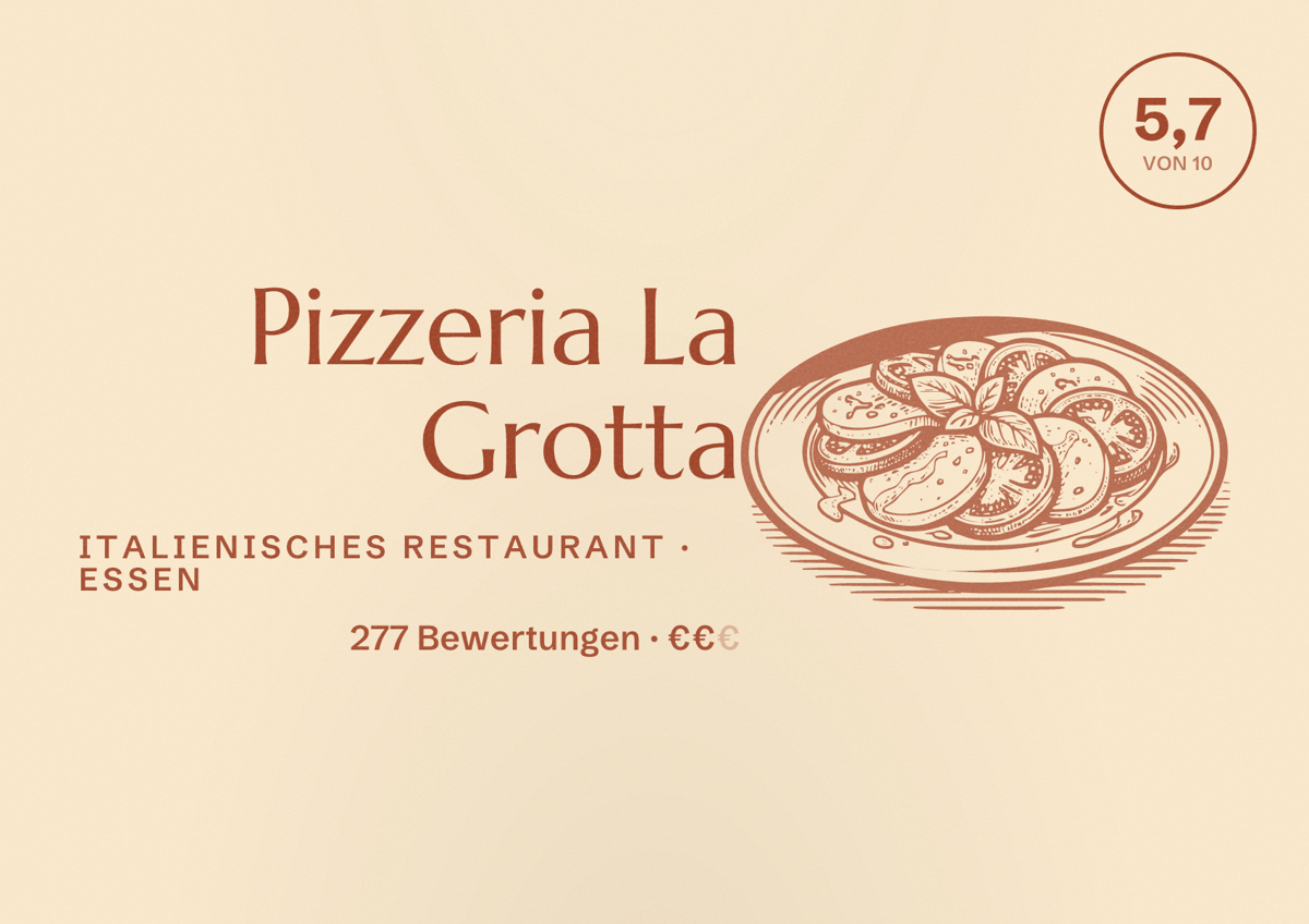 Illustriertes Poster von Pizzeria La Grotta, Italienisches Restaurant in Essen: Bewertung 5,7 von 10 aus 277 Bewertungen, Preisniveau €€