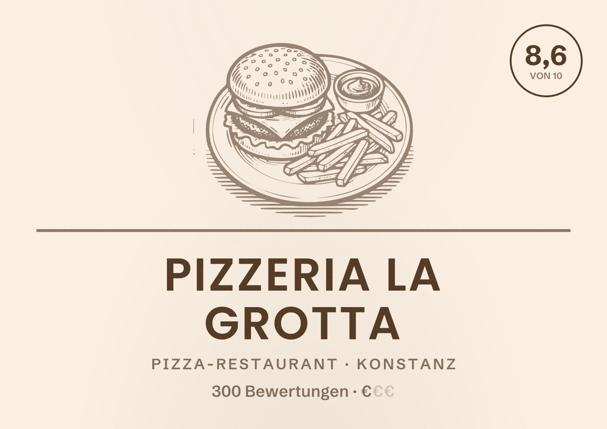 Illustriertes Poster von Pizzeria La Grotta, Pizza-Restaurant in Konstanz: Bewertung 8,6 von 10 aus 300 Bewertungen, Preisniveau €