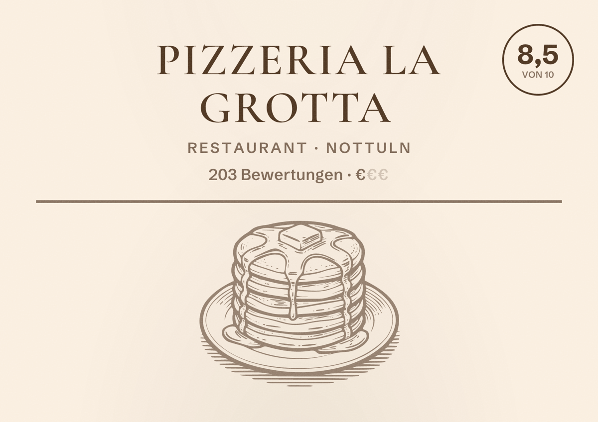 Illustriertes Poster von Pizzeria La Grotta, Restaurant in Nottuln: Bewertung 8,5 von 10 aus 203 Bewertungen, Preisniveau €