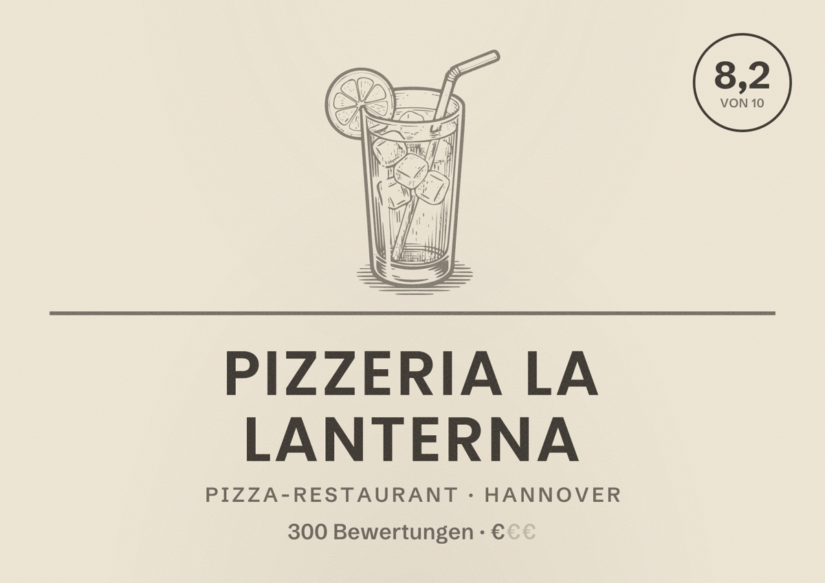 Illustriertes Poster von Pizzeria La Lanterna, Pizza-Restaurant in Hannover: Bewertung 8,2 von 10 aus 300 Bewertungen, Preisniveau €