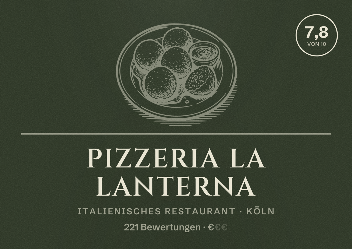 Illustriertes Poster von Pizzeria La Lanterna, Italienisches Restaurant in Köln: Bewertung 7,8 von 10 aus 221 Bewertungen, Preisniveau €