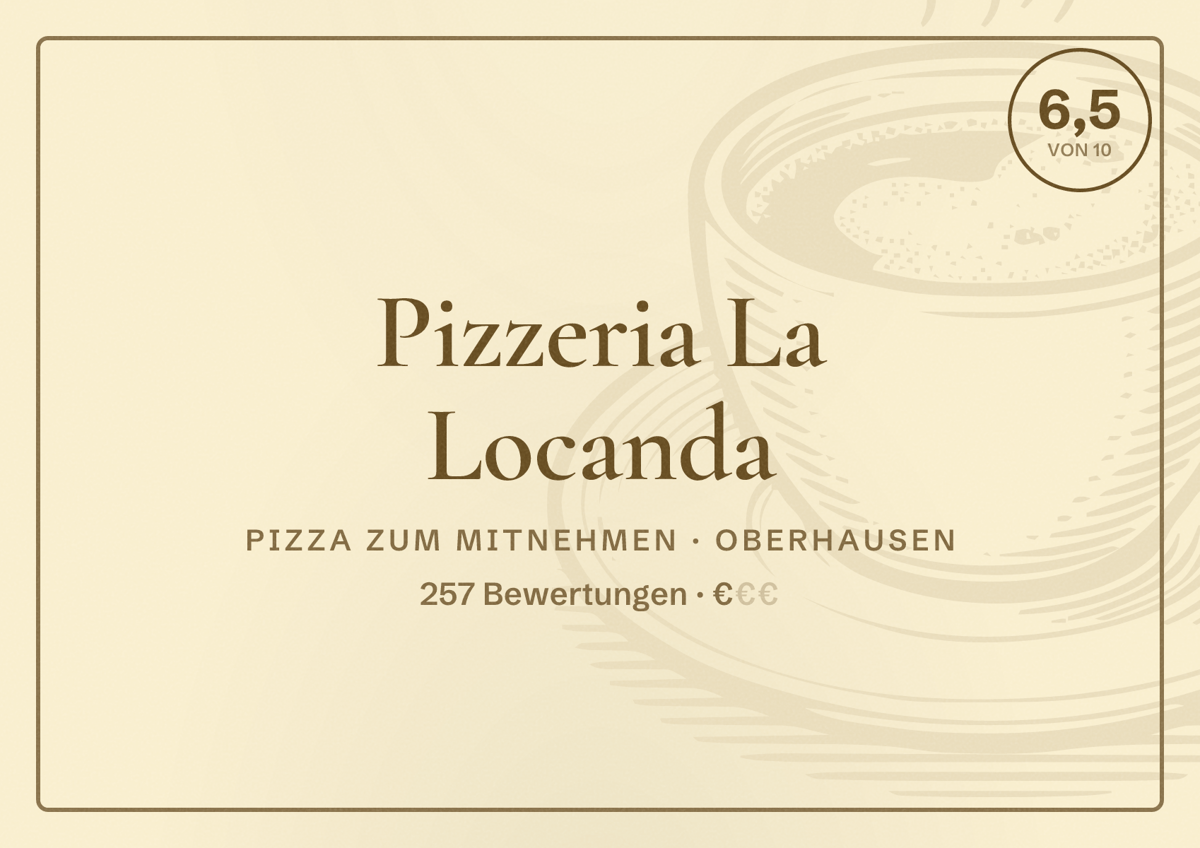 Illustriertes Poster von Pizzeria La Locanda, Pizza zum Mitnehmen in Oberhausen: Bewertung 6,5 von 10 aus 257 Bewertungen, Preisniveau €