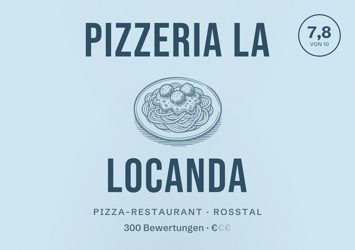 Illustriertes Poster von Pizzeria la Locanda, Pizza-Restaurant in Roßtal: Bewertung 7,8 von 10 aus 300 Bewertungen, Preisniveau €