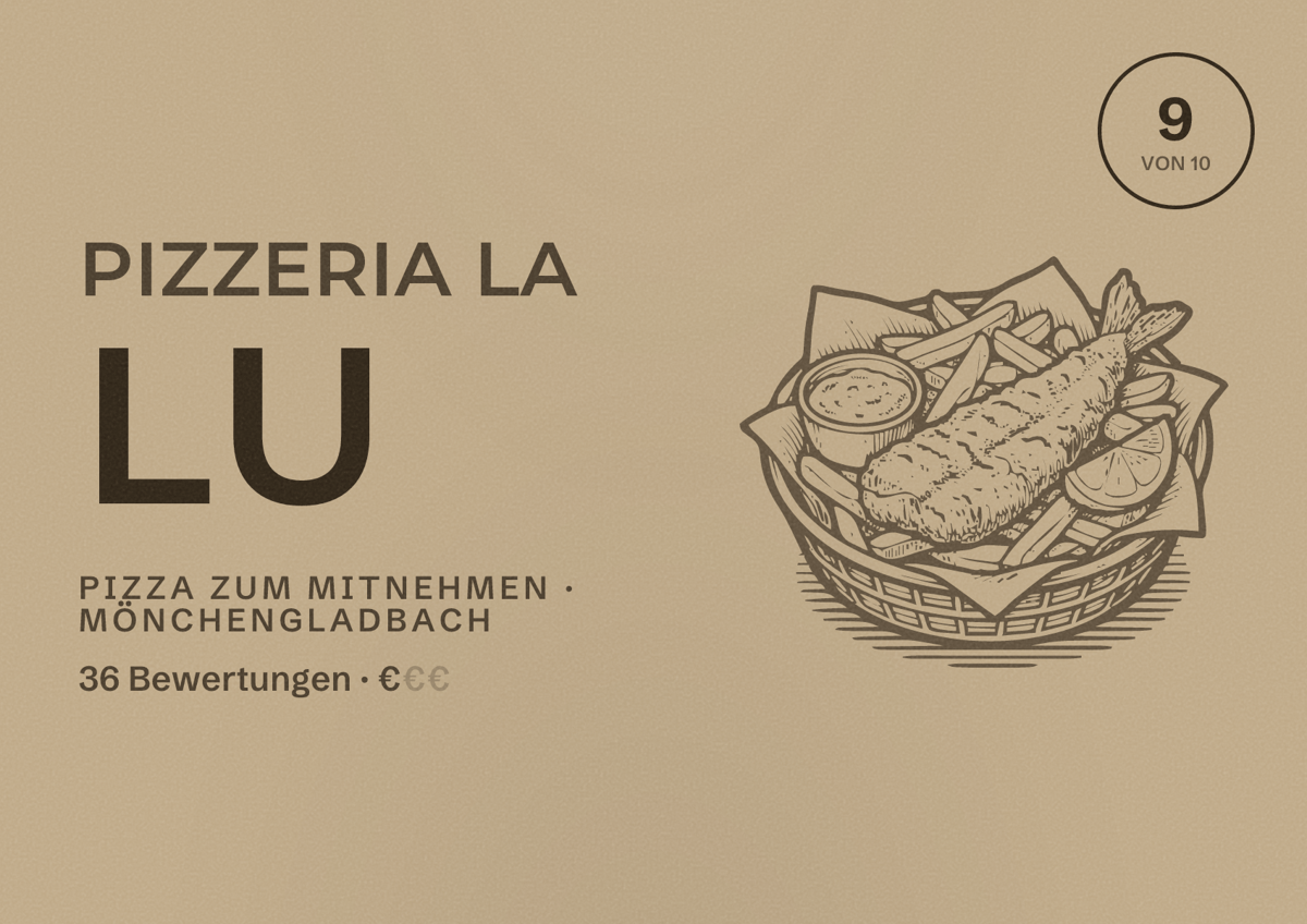 Illustriertes Poster von Pizzeria La Lu, Pizza zum Mitnehmen in Mönchengladbach: Bewertung 9 von 10 aus 36 Bewertungen, Preisniveau €