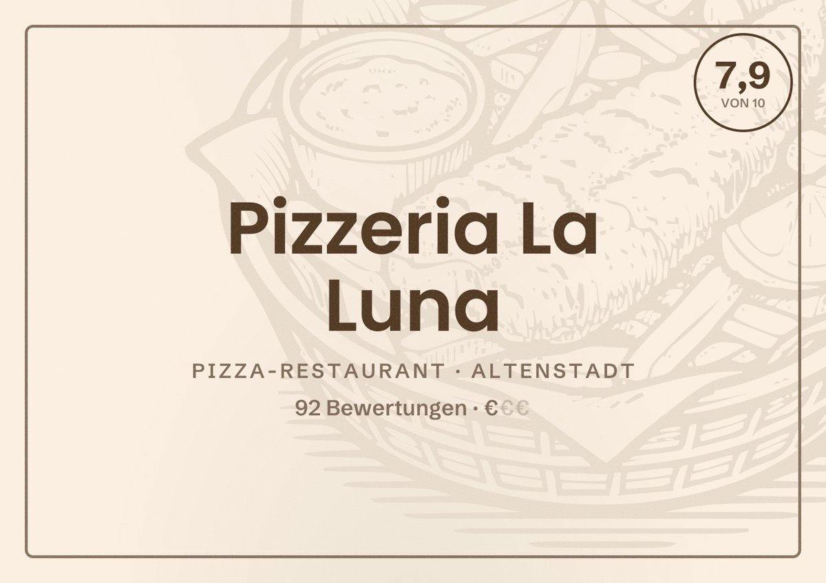 Illustriertes Poster von Pizzeria La Luna, Pizza-Restaurant in Altenstadt: Bewertung 7,9 von 10 aus 92 Bewertungen, Preisniveau €