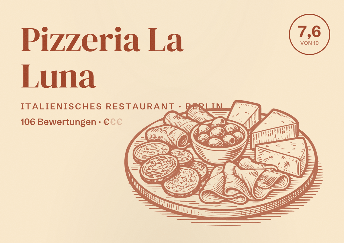 Illustriertes Poster von Pizzeria La Luna, Italienisches Restaurant in Berlin: Bewertung 7,6 von 10 aus 106 Bewertungen, Preisniveau €