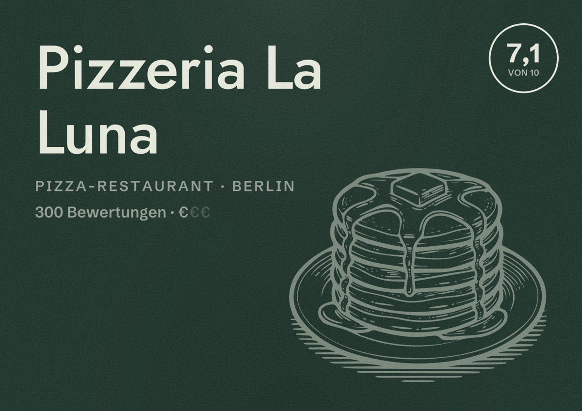 Illustriertes Poster von Pizzeria La Luna, Pizza-Restaurant in Berlin: Bewertung 7,1 von 10 aus 300 Bewertungen, Preisniveau €
