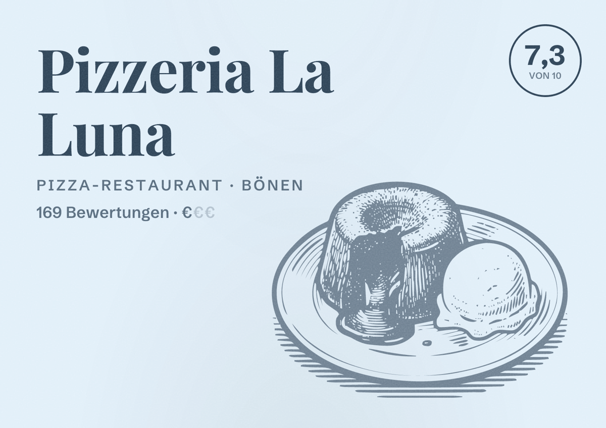 Illustriertes Poster von Pizzeria La Luna, Pizza-Restaurant in Bönen: Bewertung 7,3 von 10 aus 169 Bewertungen, Preisniveau €