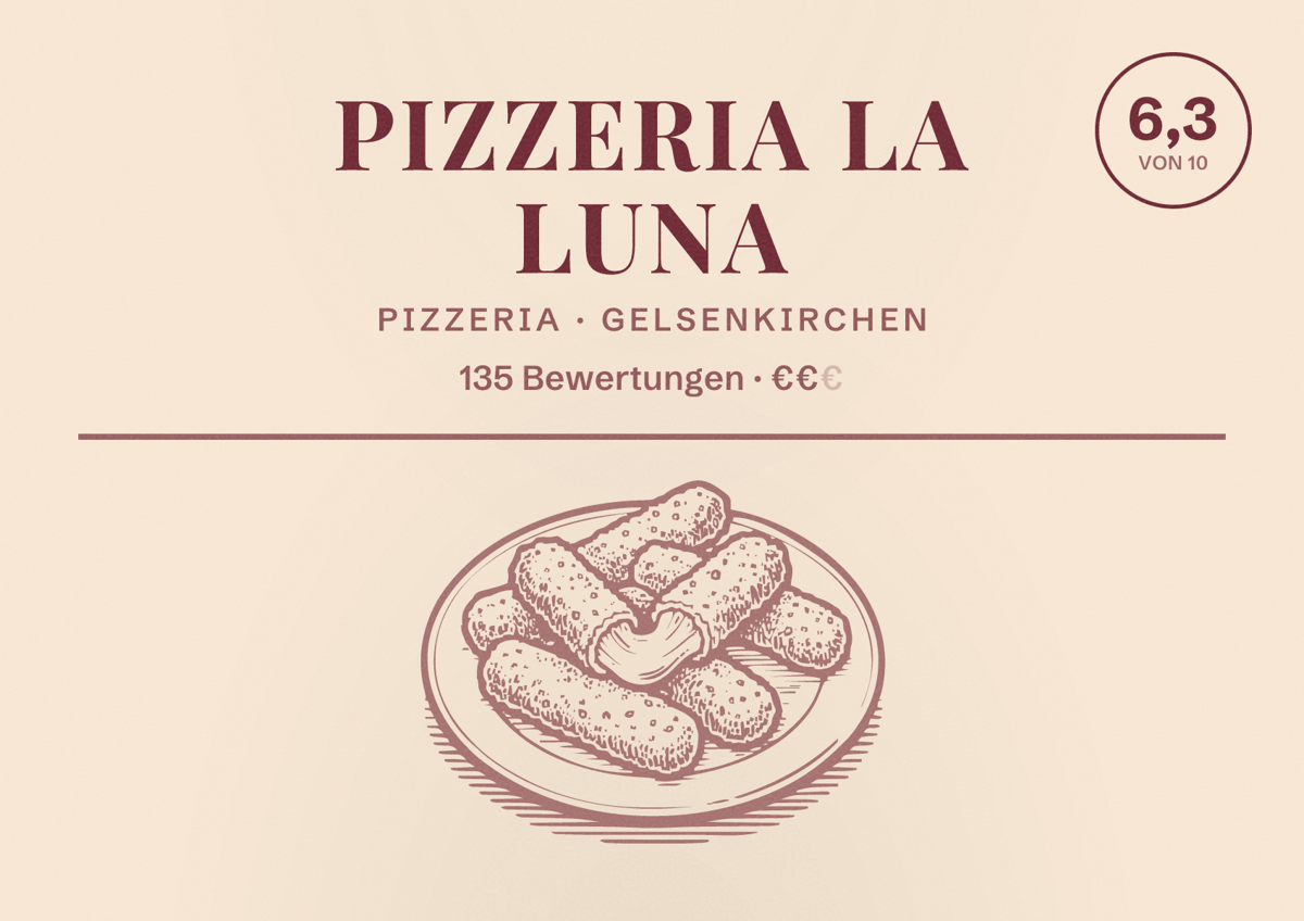Illustriertes Poster von Pizzeria La Luna, Pizzeria in Gelsenkirchen: Bewertung 6,3 von 10 aus 135 Bewertungen, Preisniveau €€