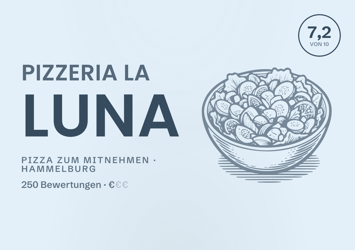 Illustriertes Poster von Pizzeria La Luna, Pizza zum Mitnehmen in Hammelburg: Bewertung 7,2 von 10 aus 250 Bewertungen, Preisniveau €