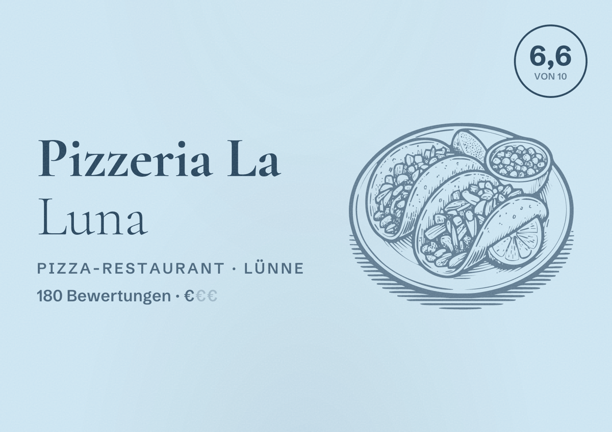 Illustriertes Poster von Pizzeria La Luna, Pizza-Restaurant in Lünne: Bewertung 6,6 von 10 aus 180 Bewertungen, Preisniveau €