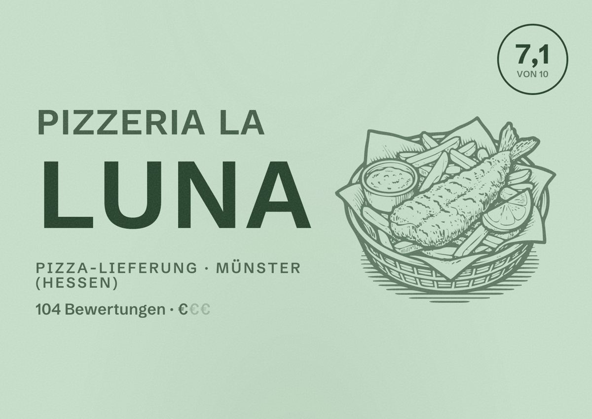 Illustriertes Poster von Pizzeria La Luna, Pizza-Lieferung in Münster (Hessen): Bewertung 7,1 von 10 aus 104 Bewertungen, Preisniveau €
