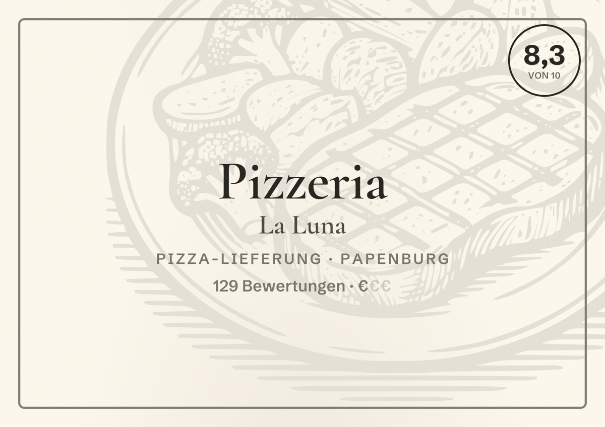 Illustriertes Poster von Pizzeria La Luna, Pizza-Lieferung in Papenburg: Bewertung 8,3 von 10 aus 129 Bewertungen, Preisniveau €