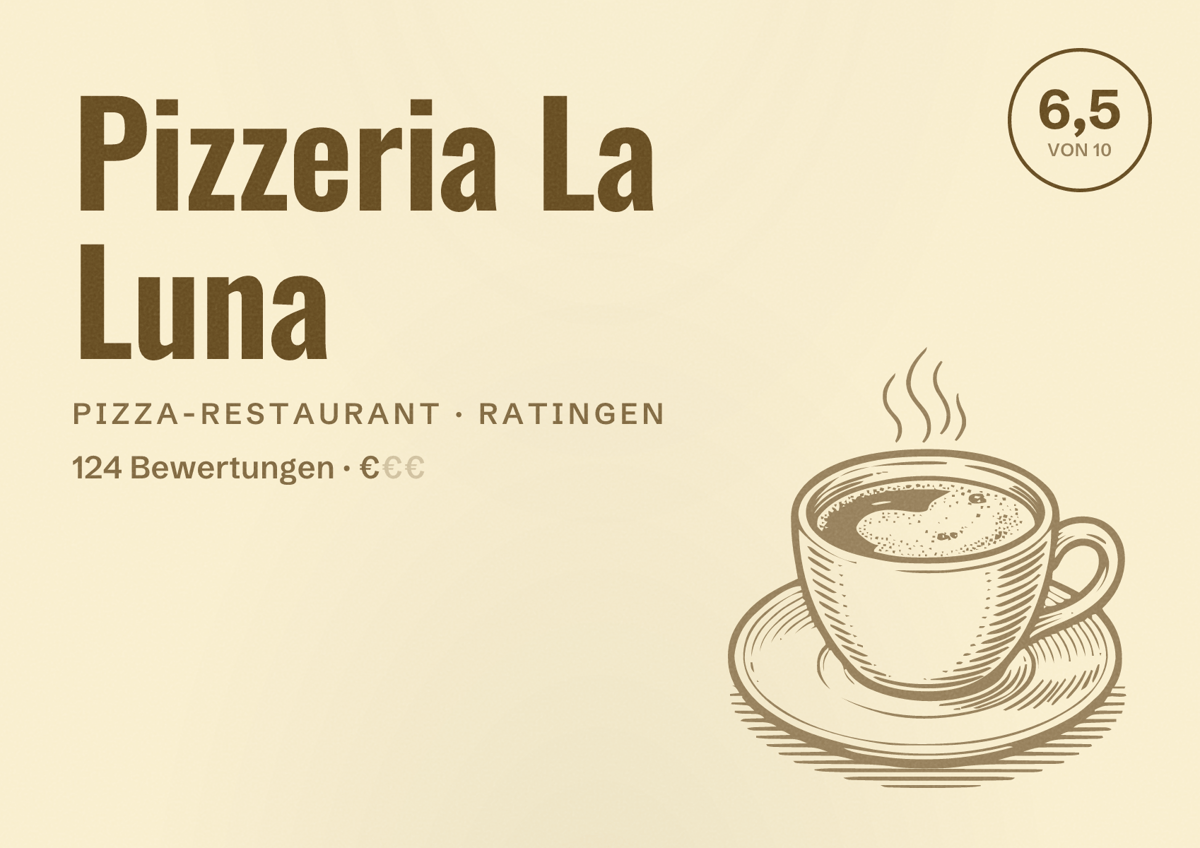 Illustriertes Poster von Pizzeria La Luna, Pizza-Restaurant in Ratingen: Bewertung 6,5 von 10 aus 124 Bewertungen, Preisniveau €