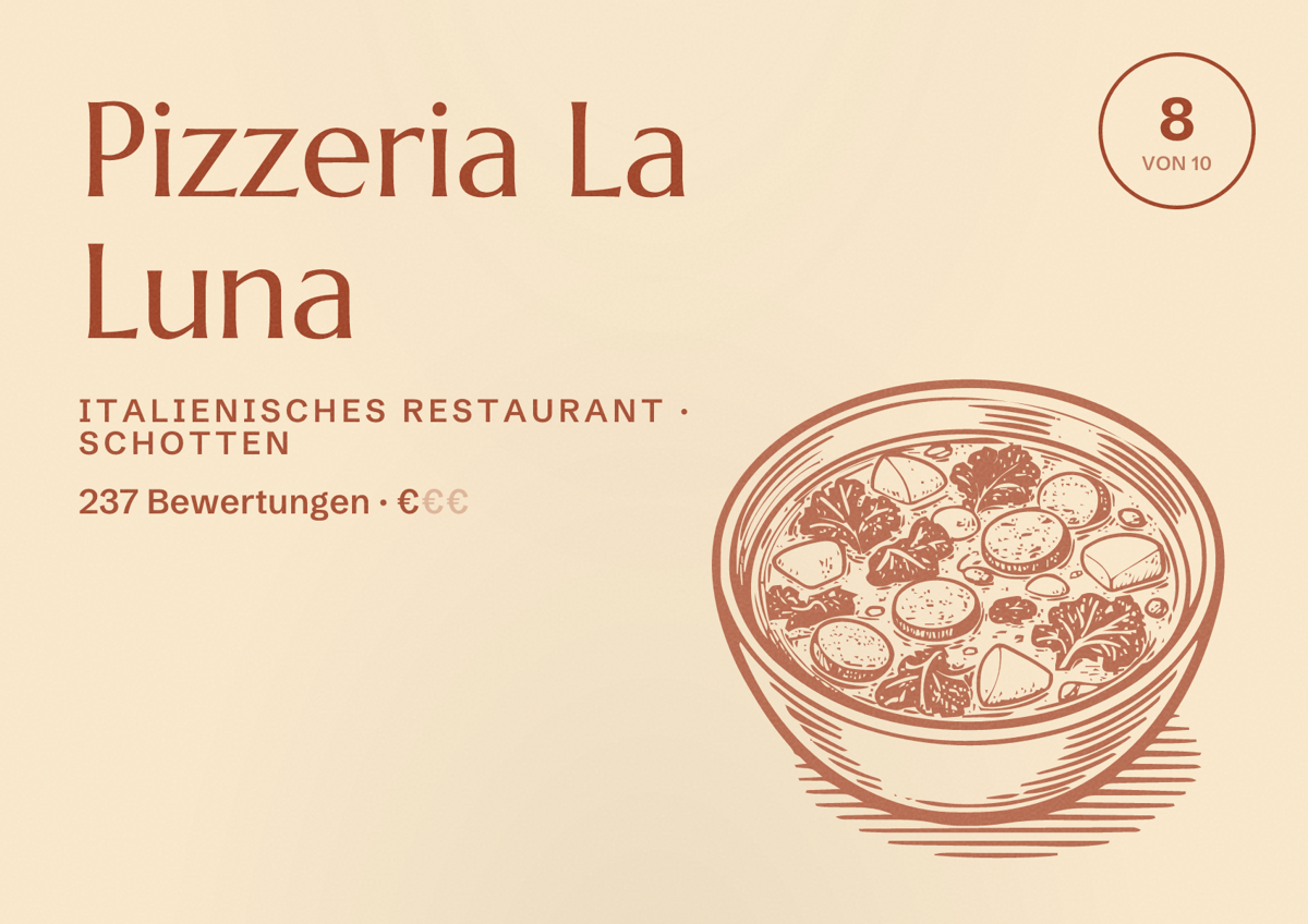 Illustriertes Poster von Pizzeria La Luna, Italienisches Restaurant in Schotten: Bewertung 8 von 10 aus 237 Bewertungen, Preisniveau €