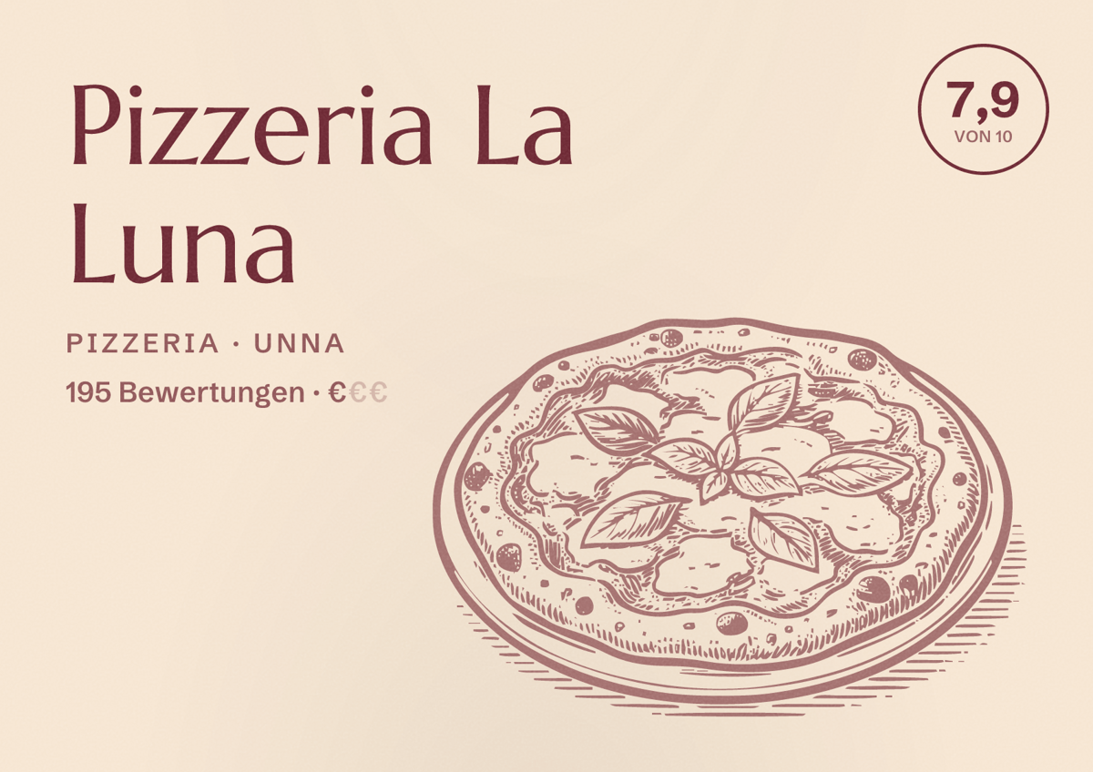 Illustriertes Poster von Pizzeria La Luna, Pizzeria in Unna: Bewertung 7,9 von 10 aus 195 Bewertungen, Preisniveau €
