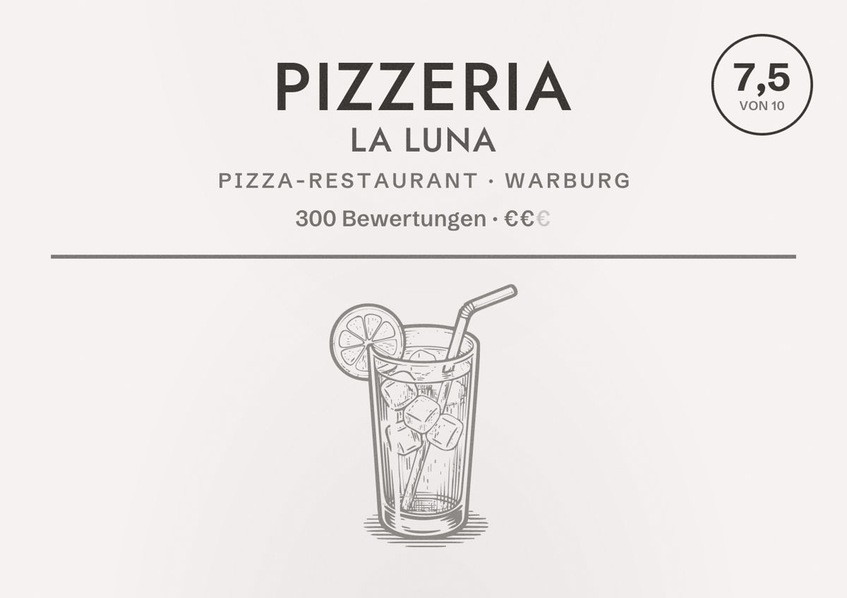 Illustriertes Poster von Pizzeria La Luna, Pizza-Restaurant in Warburg: Bewertung 7,5 von 10 aus 300 Bewertungen, Preisniveau €€