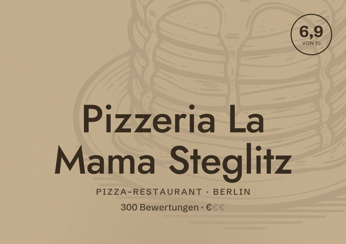 Illustriertes Poster von Pizzeria La Mama Steglitz, Pizza-Restaurant in Berlin: Bewertung 6,9 von 10 aus 300 Bewertungen, Preisniveau €