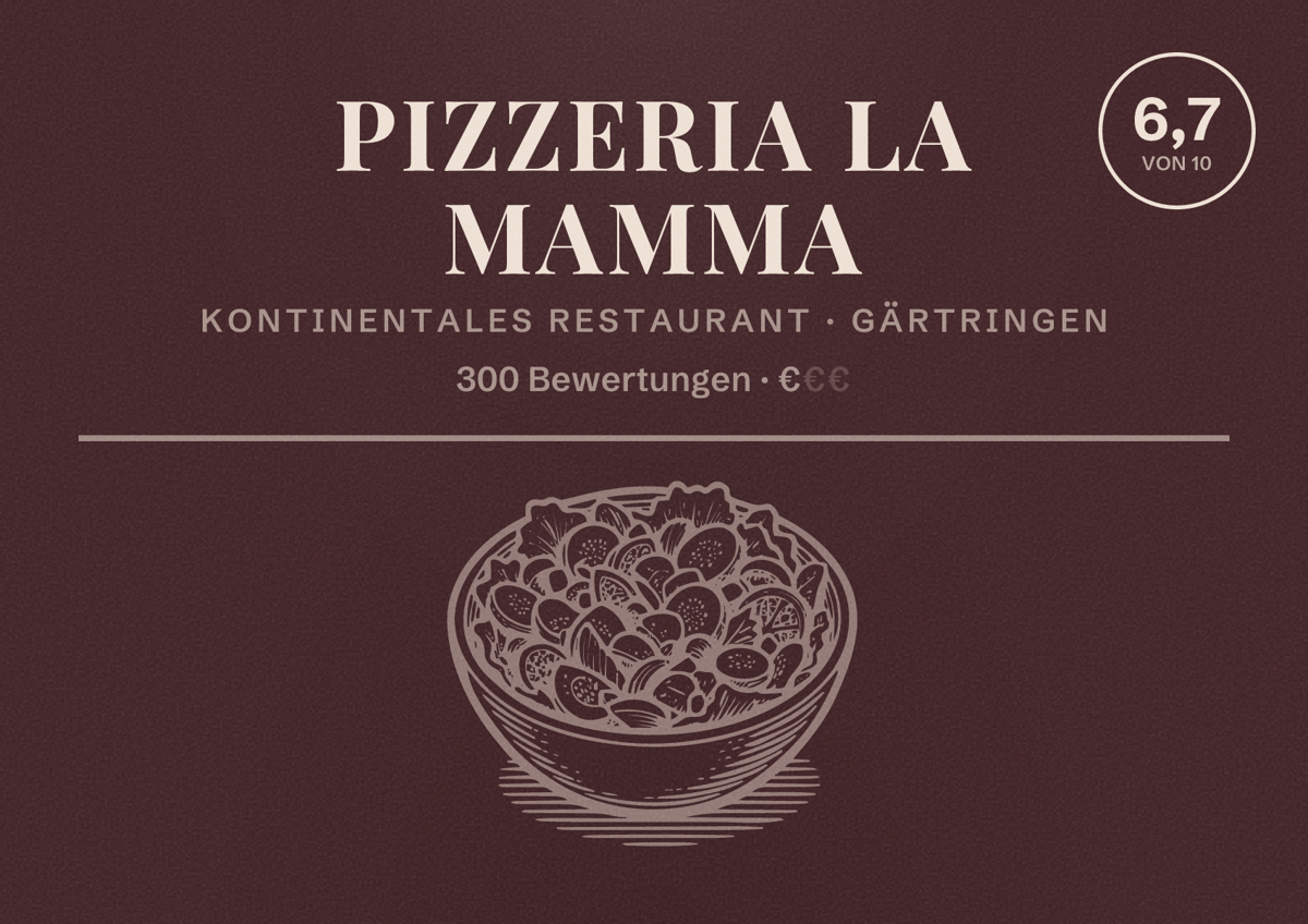 Illustriertes Poster von Pizzeria La Mamma, Kontinentales Restaurant in Gärtringen: Bewertung 6,7 von 10 aus 300 Bewertungen, Preisniveau €