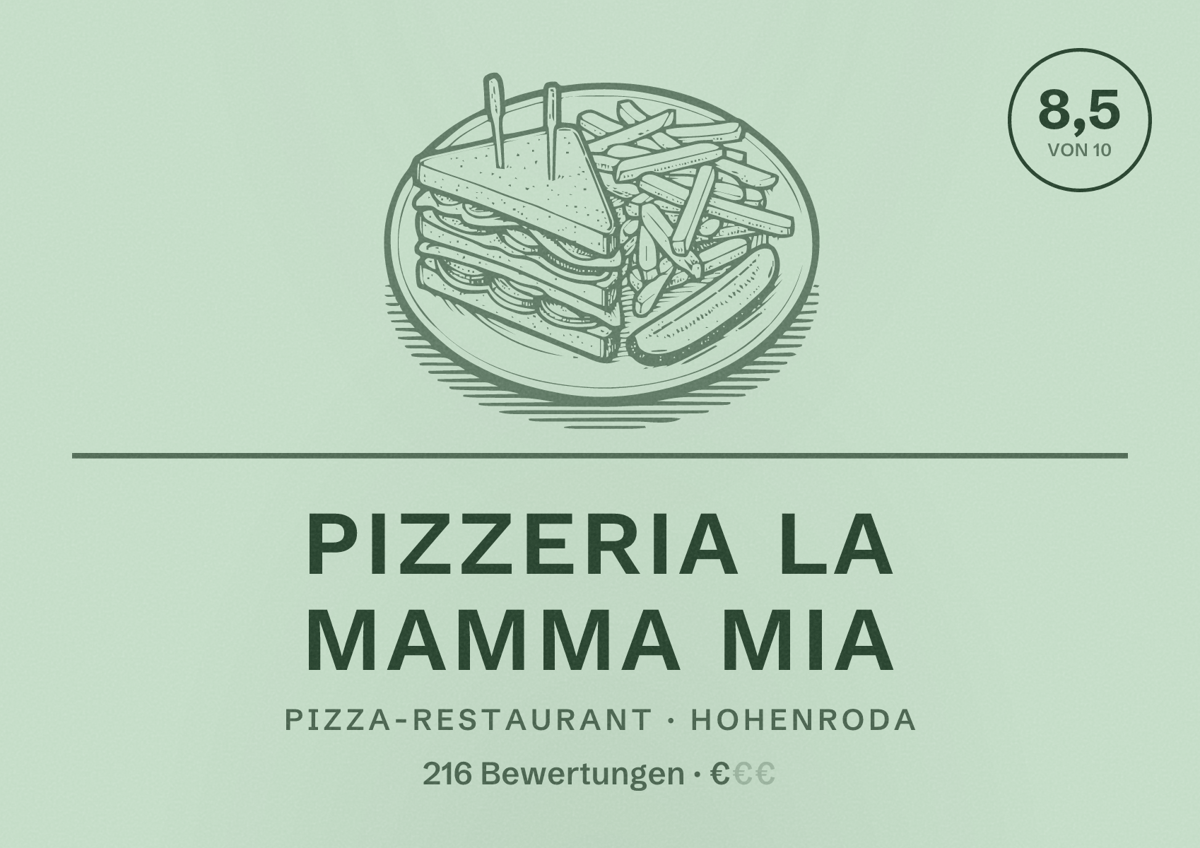 Illustriertes Poster von Pizzeria La Mamma Mia, Pizza-Restaurant in Hohenroda: Bewertung 8,5 von 10 aus 216 Bewertungen, Preisniveau €