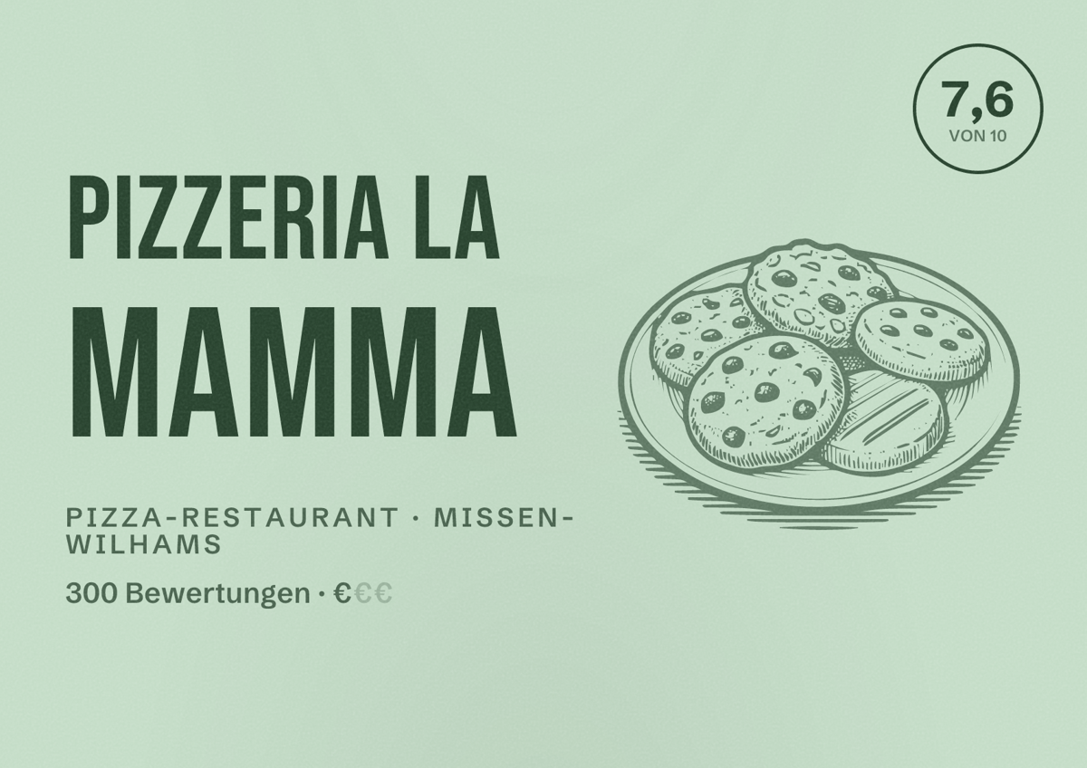 Illustriertes Poster von Pizzeria La Mamma, Pizza-Restaurant in Missen-Wilhams: Bewertung 7,6 von 10 aus 300 Bewertungen, Preisniveau €