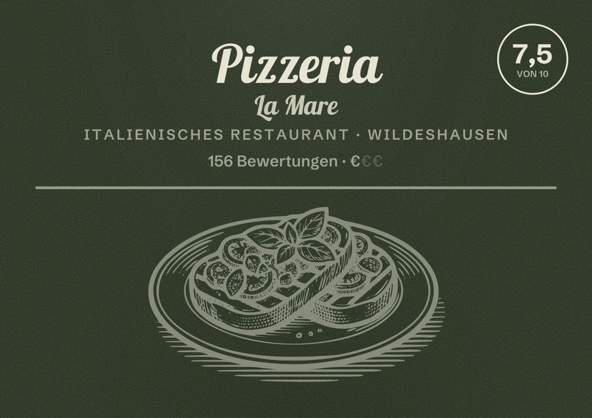 Illustriertes Poster von Pizzeria La Mare, Italienisches Restaurant in Wildeshausen: Bewertung 7,5 von 10 aus 156 Bewertungen, Preisniveau €