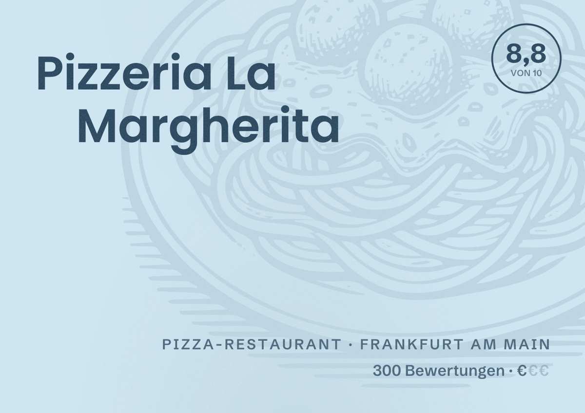 Illustriertes Poster von Pizzeria La Margherita, Pizza-Restaurant in Frankfurt am Main: Bewertung 8,8 von 10 aus 300 Bewertungen, Preisniveau €