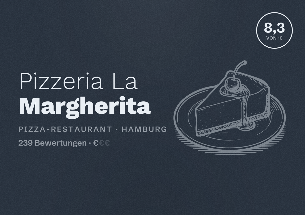 Illustriertes Poster von Pizzeria La Margherita, Pizza-Restaurant in Hamburg: Bewertung 8,3 von 10 aus 239 Bewertungen, Preisniveau €